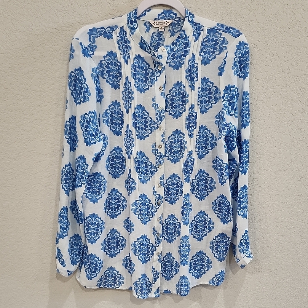 Nanette Lepore Pintuck Pleats Blue White Resortwear Patterned Tunic Blouse Small - Picture 3 of 9
